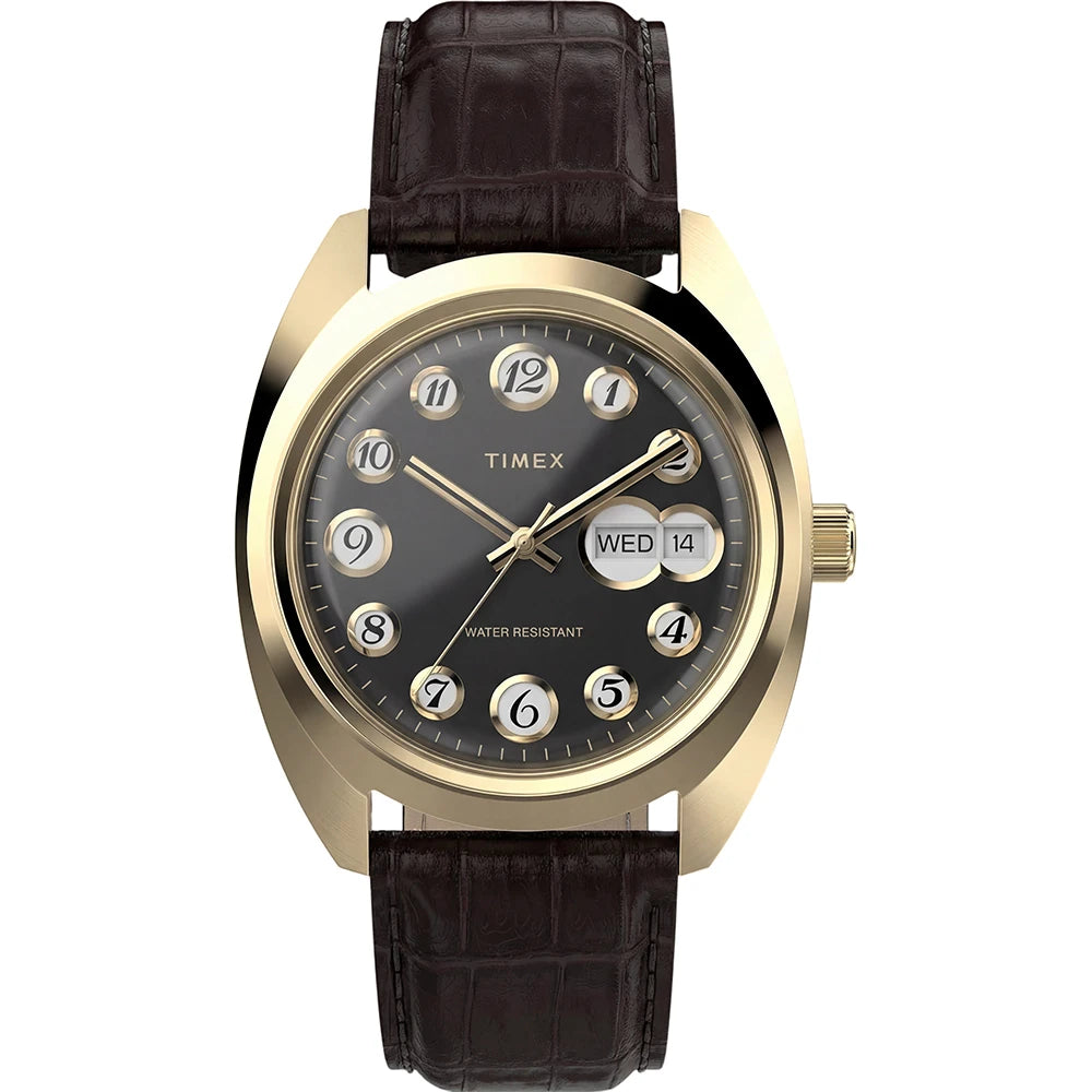 Timex 1976 Rotary Phone Dial Reissue TW2Y82100 black rotary telephone dial with gold-tone hands in a 37mm gold-tone case on a brown leather strap