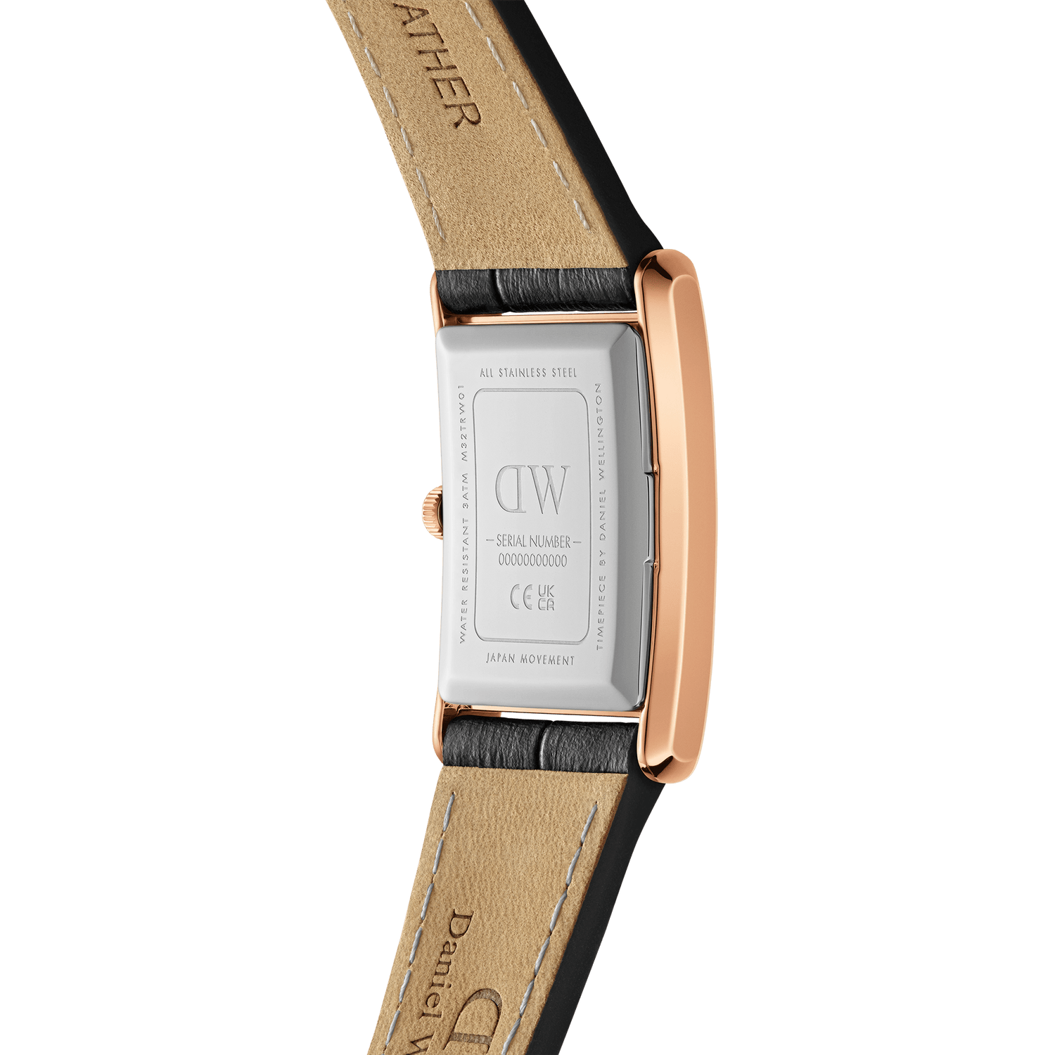 Rectangular wristwatch with a leather strap and rose gold-colored case.