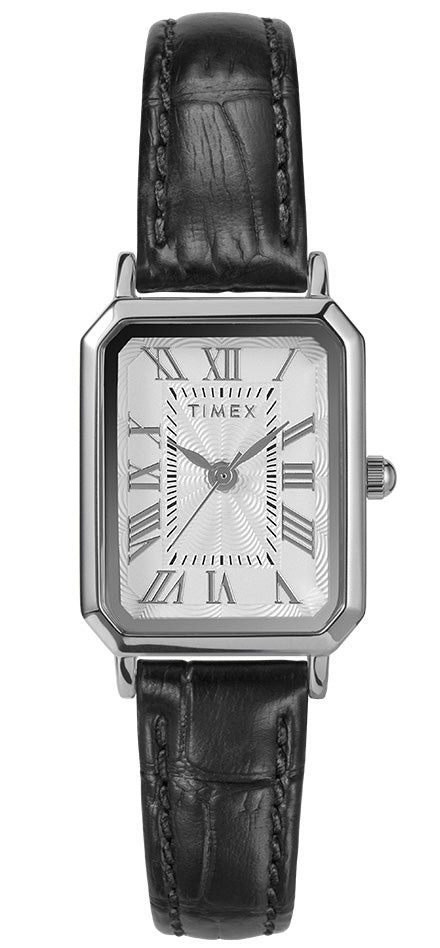 Timex Dress Silver Case Black Leather Band Women