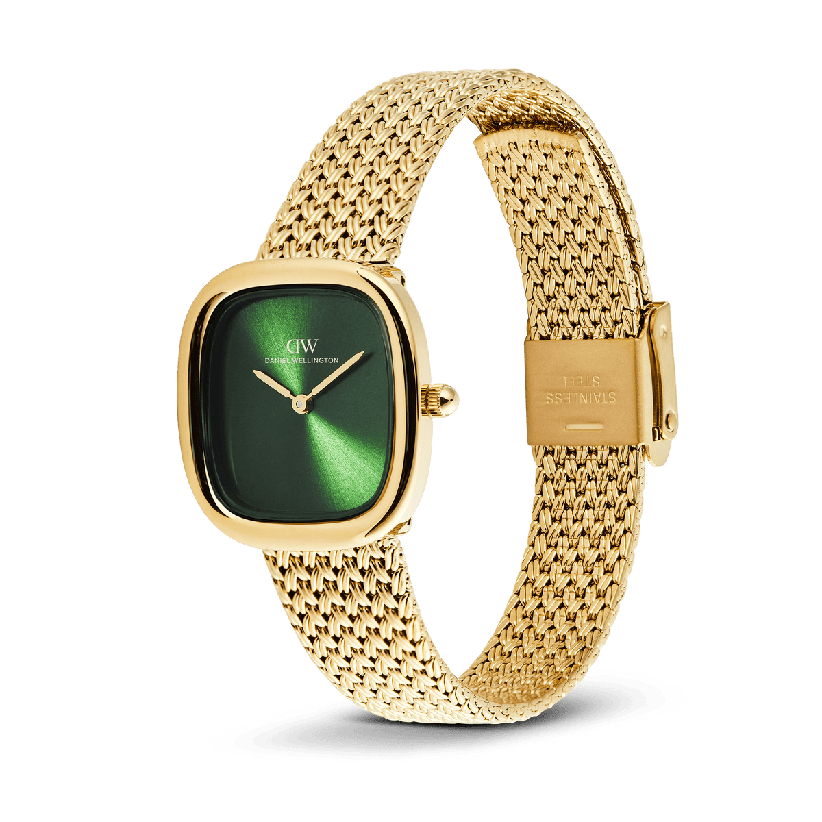 Daniel Wellington Margot Braided Mesh Emerald Gold DW00100967 women's watch with green sunray dial and gold mesh strap