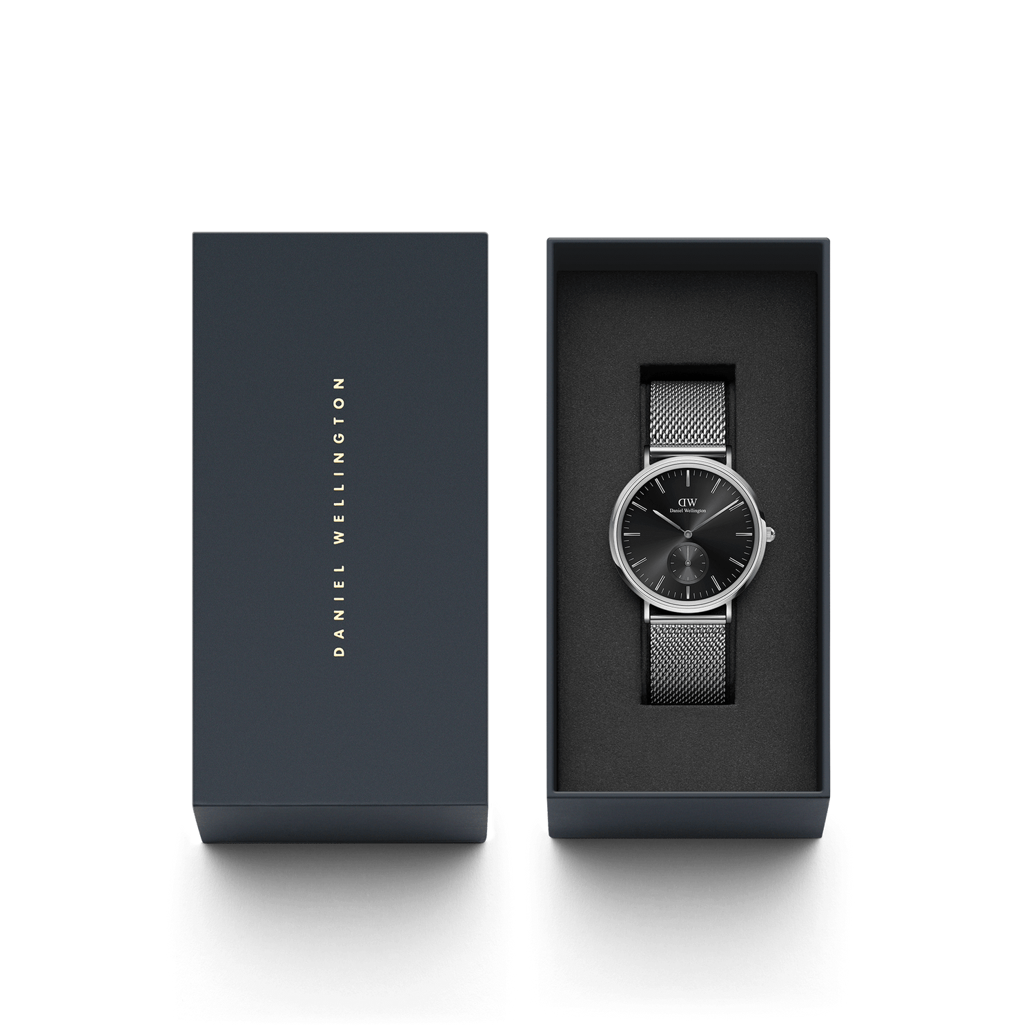 Sleek wristwatch with a black face and mesh metal band in an open gift box.