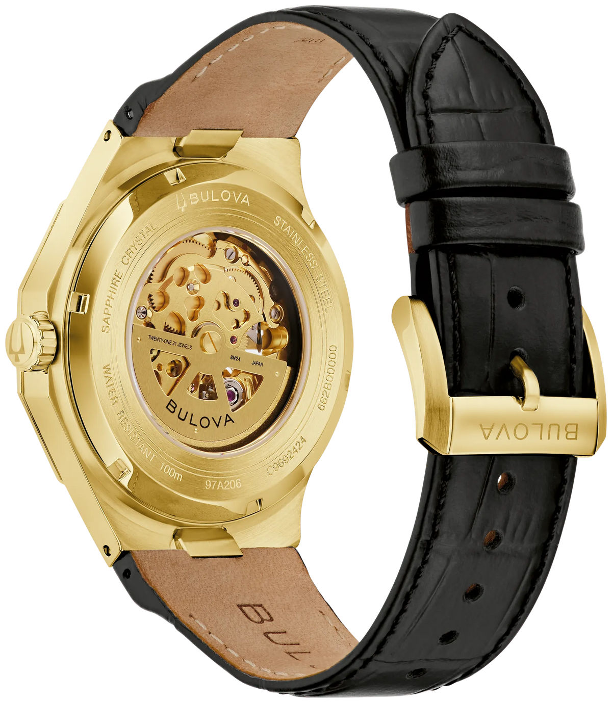 Bulova Prestige 97A206 automatic men's watch with silver-tone open dial, gold-tone faceted case and leather strap — angled view