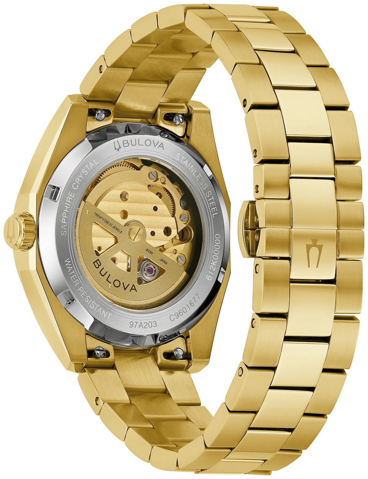 Bulova Surveyor 97A203 automatic men's watch with blue dial and gold-tone stainless steel bracelet — angled view