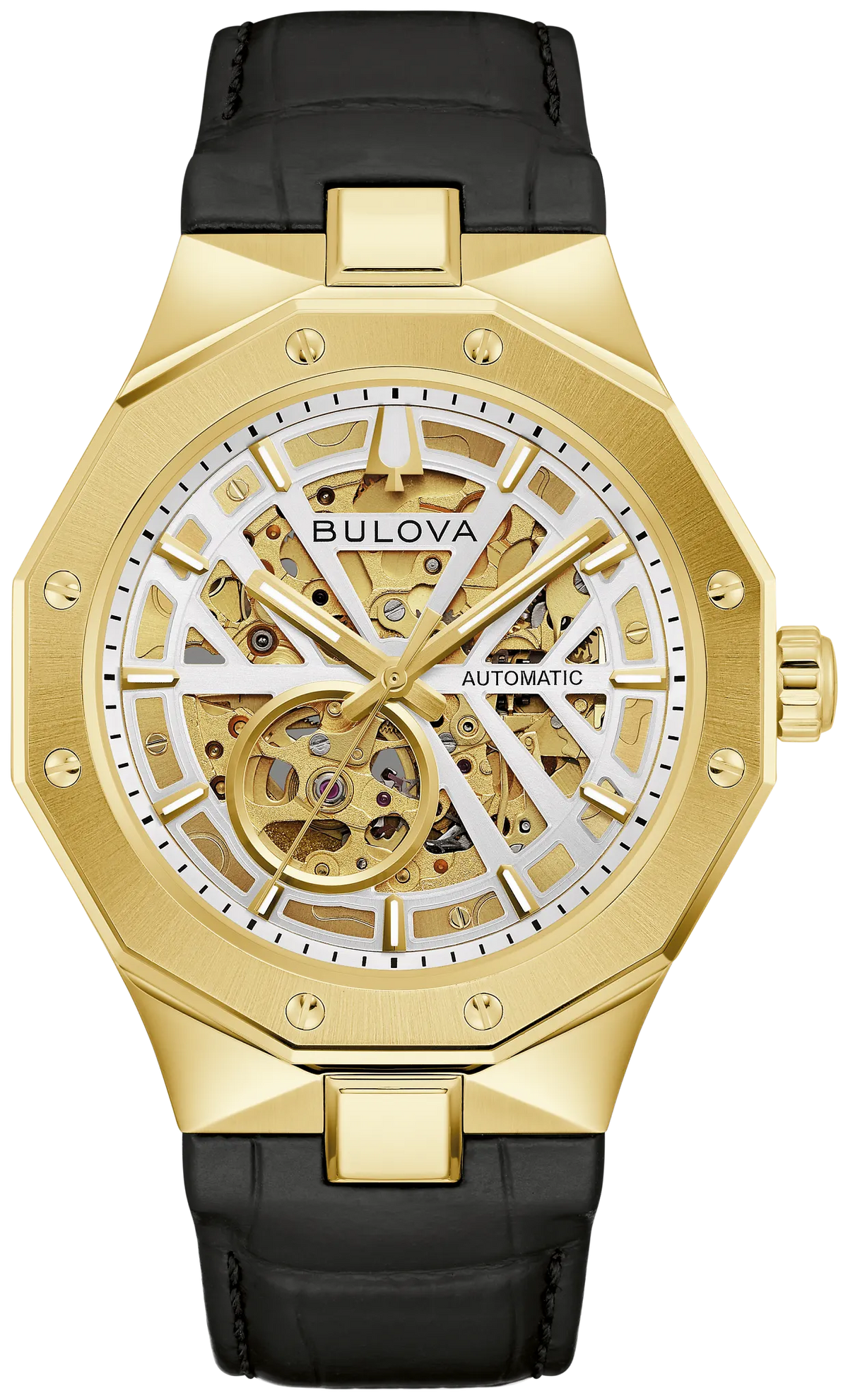Bulova Prestige 97A206 automatic men's watch with silver-tone open dial, gold-tone faceted case and leather strap — front view