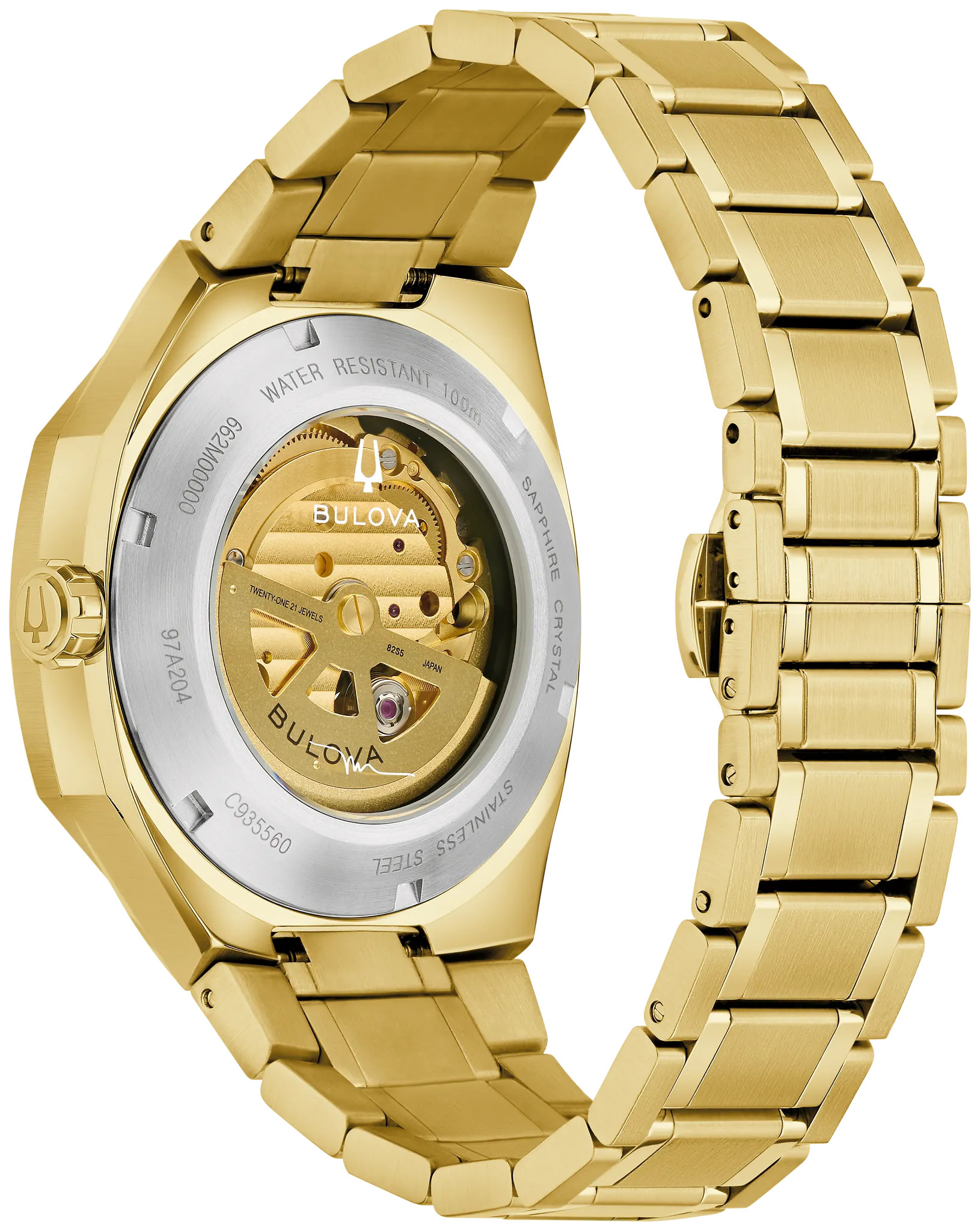 Bulova Marc Anthony Surveyor 97A204 automatic men's watch with black sunray dial and gold-tone stainless steel bracelet — angled view