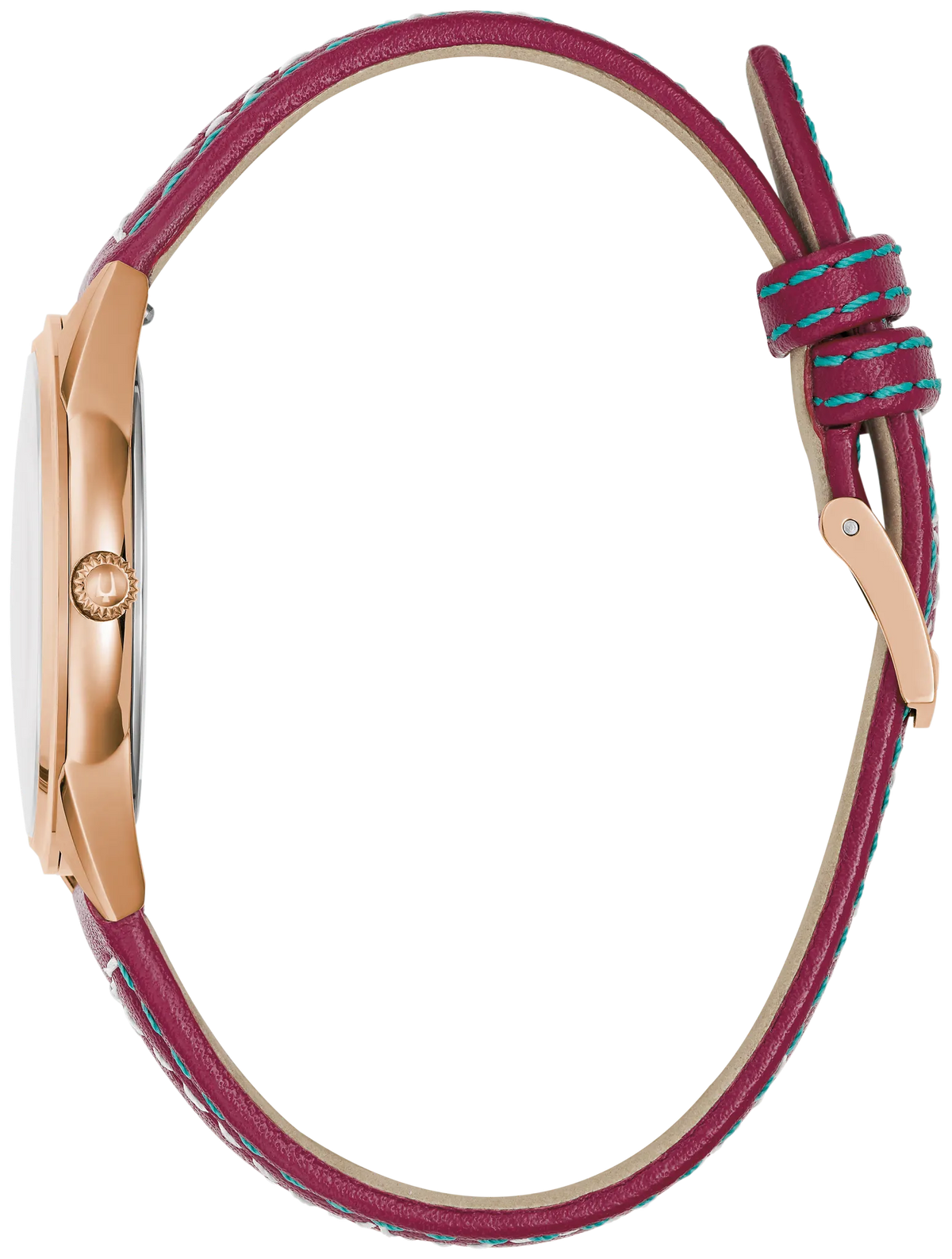 Bulova Sutton 97L204 official close-up of the rose-red leather strap western stitching and buckle