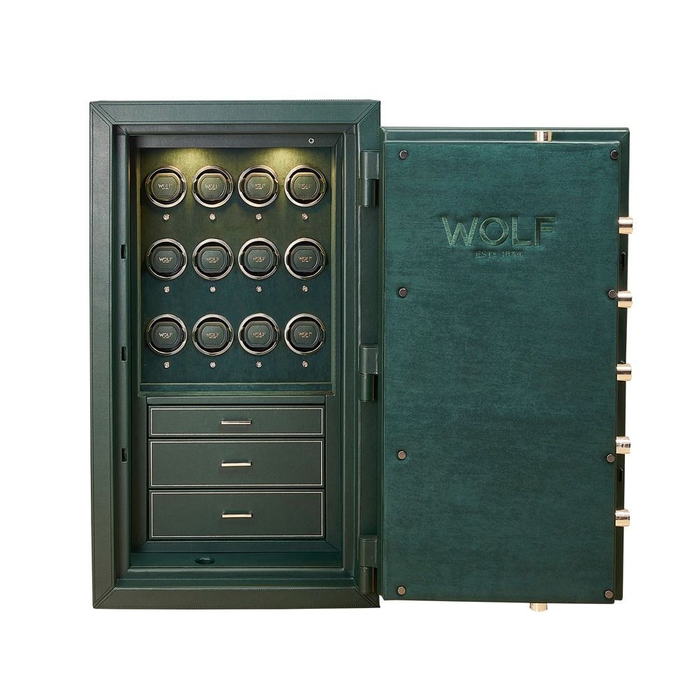 WOLF Athos 12 Piece Watch Winder Safe in Green, front view with the door open
