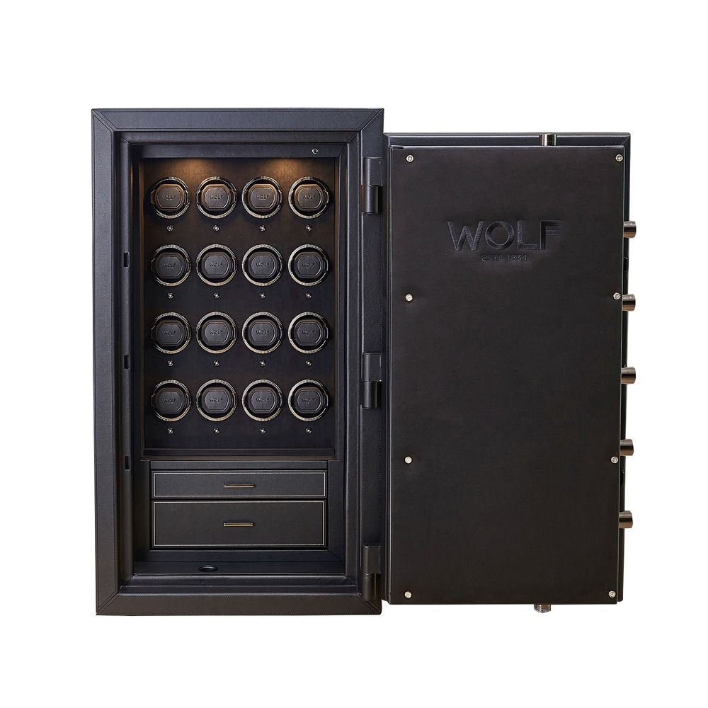 WOLF Athos 16 Piece Watch Winder Safe in Black, front view with the door open