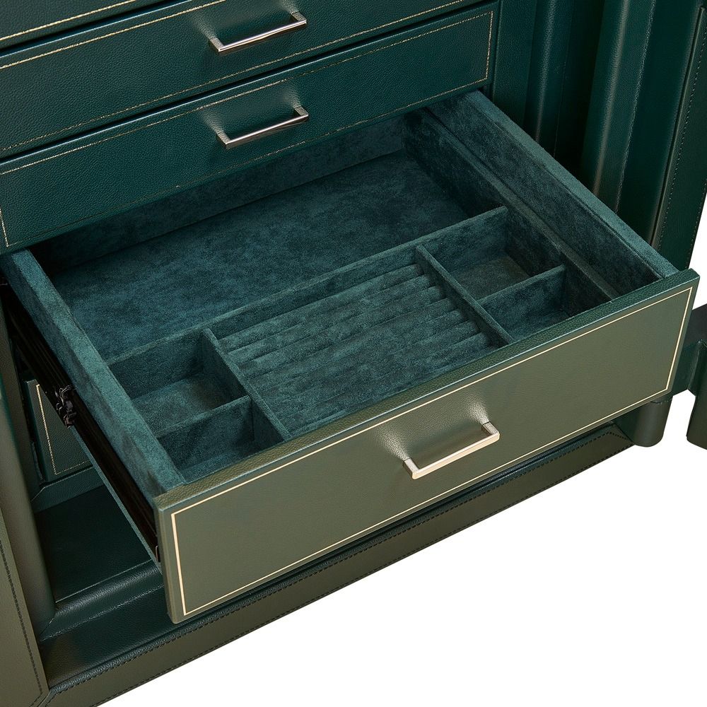 WOLF Athos 4 Piece Watch Winder Safe in Green, open LusterLoc drawer with ultrasuede trays