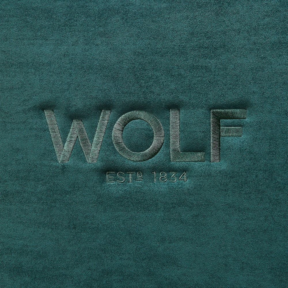 WOLF Athos Watch and Jewellery Safe in Green, embossed WOLF logo on the ultrasuede lining
