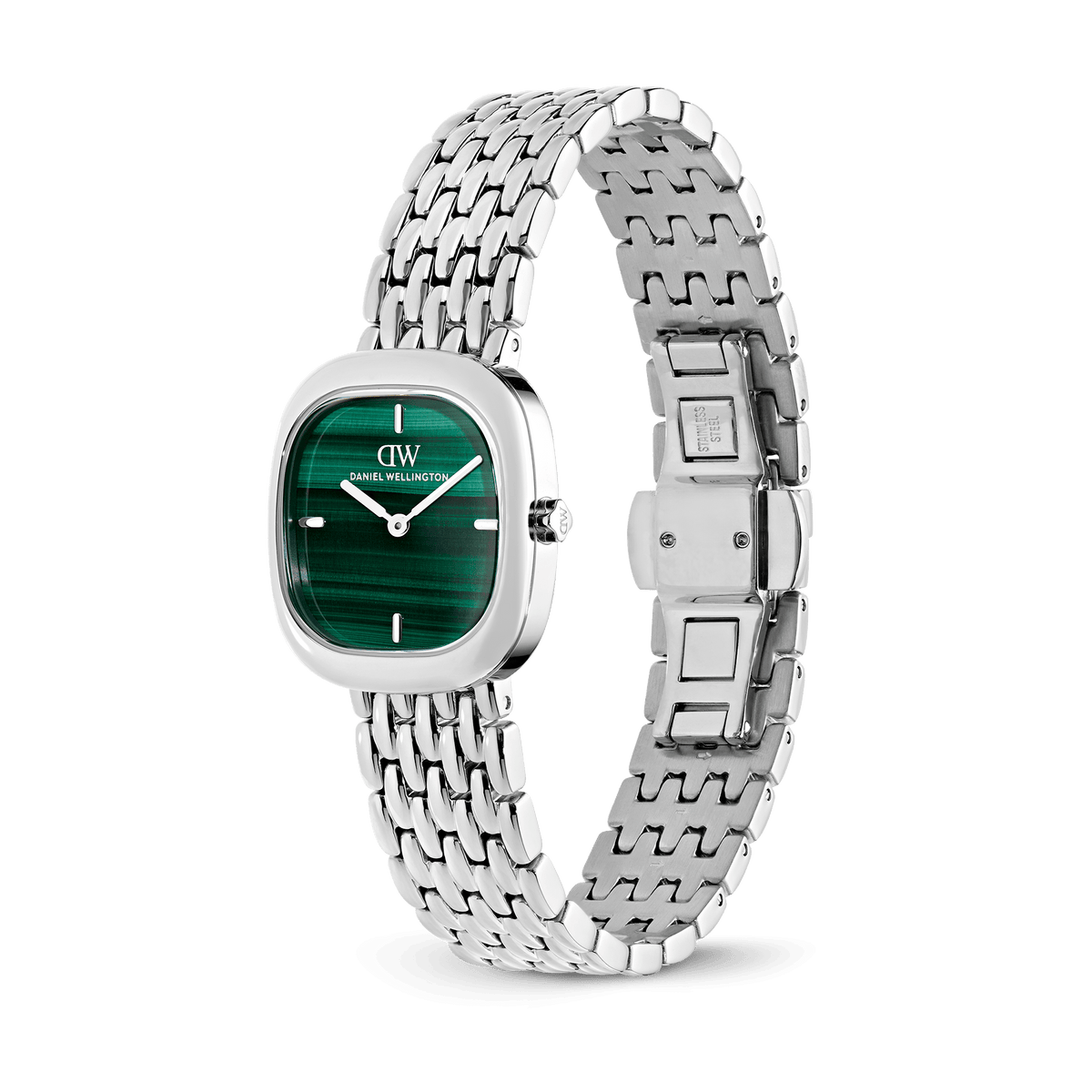 Daniel Wellington Corta Malachite Grain-Link Silver DW00100991 women's watch with green sunray dial and silver link strap