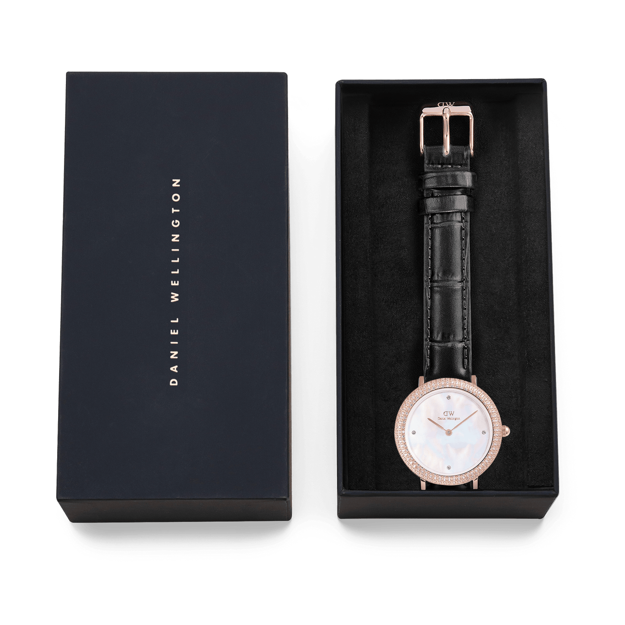 Daniel Wellington Crystalline Bezel Black Croc Rose Gold White Dial Watch DW00100827