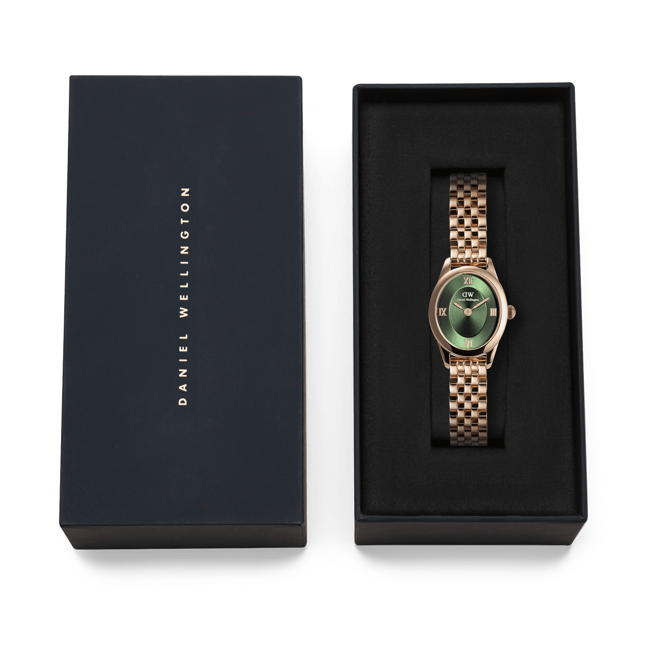 Daniel Wellington Ophelia Mini Beans Link Rose Gold Emerald Dial Watch DW00100806