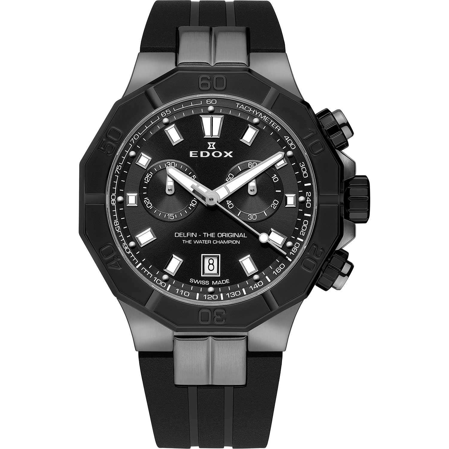 Sleek black and silver men’s chronograph wristwatch with a rubber strap.