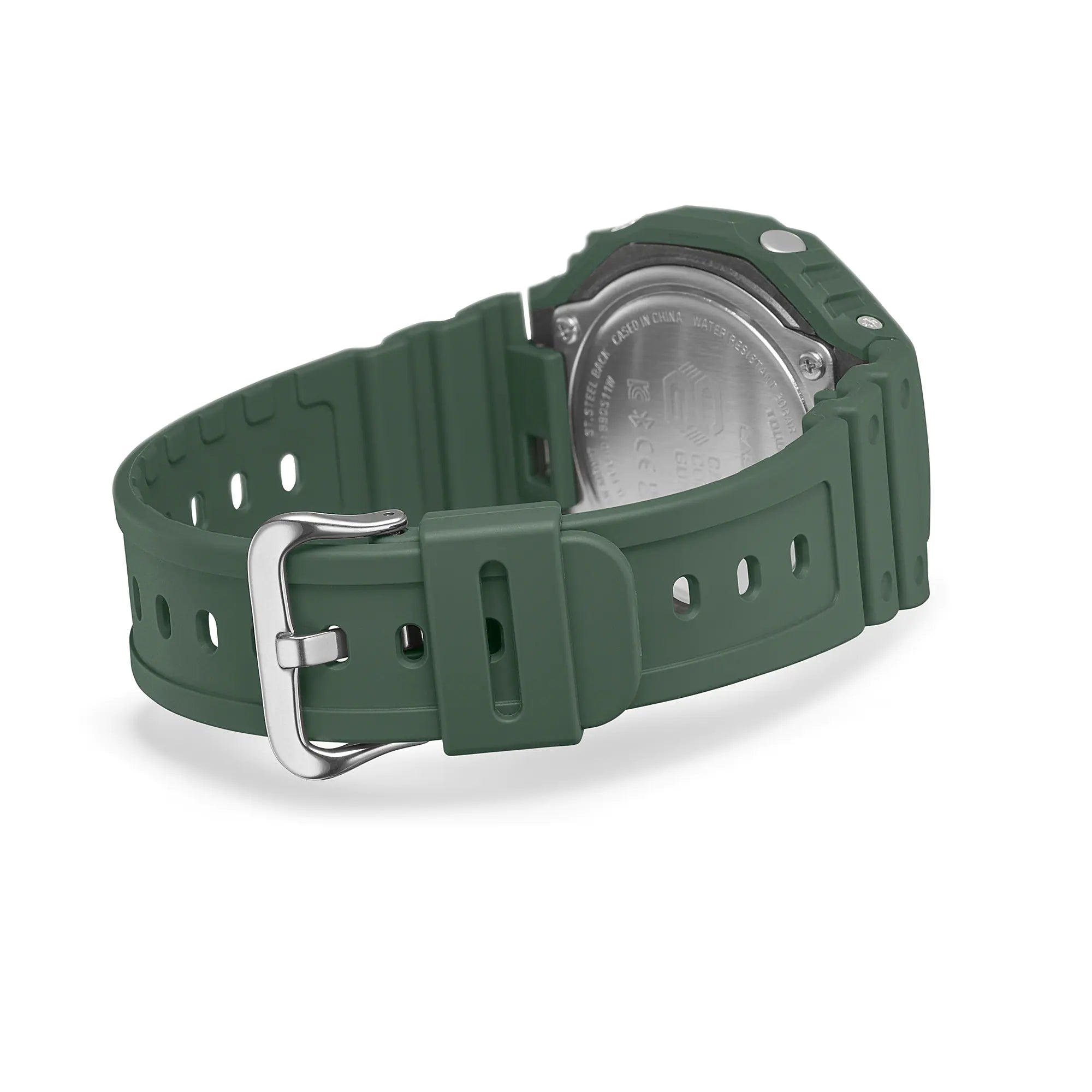 Green rubber watch strap with a metal buckle.