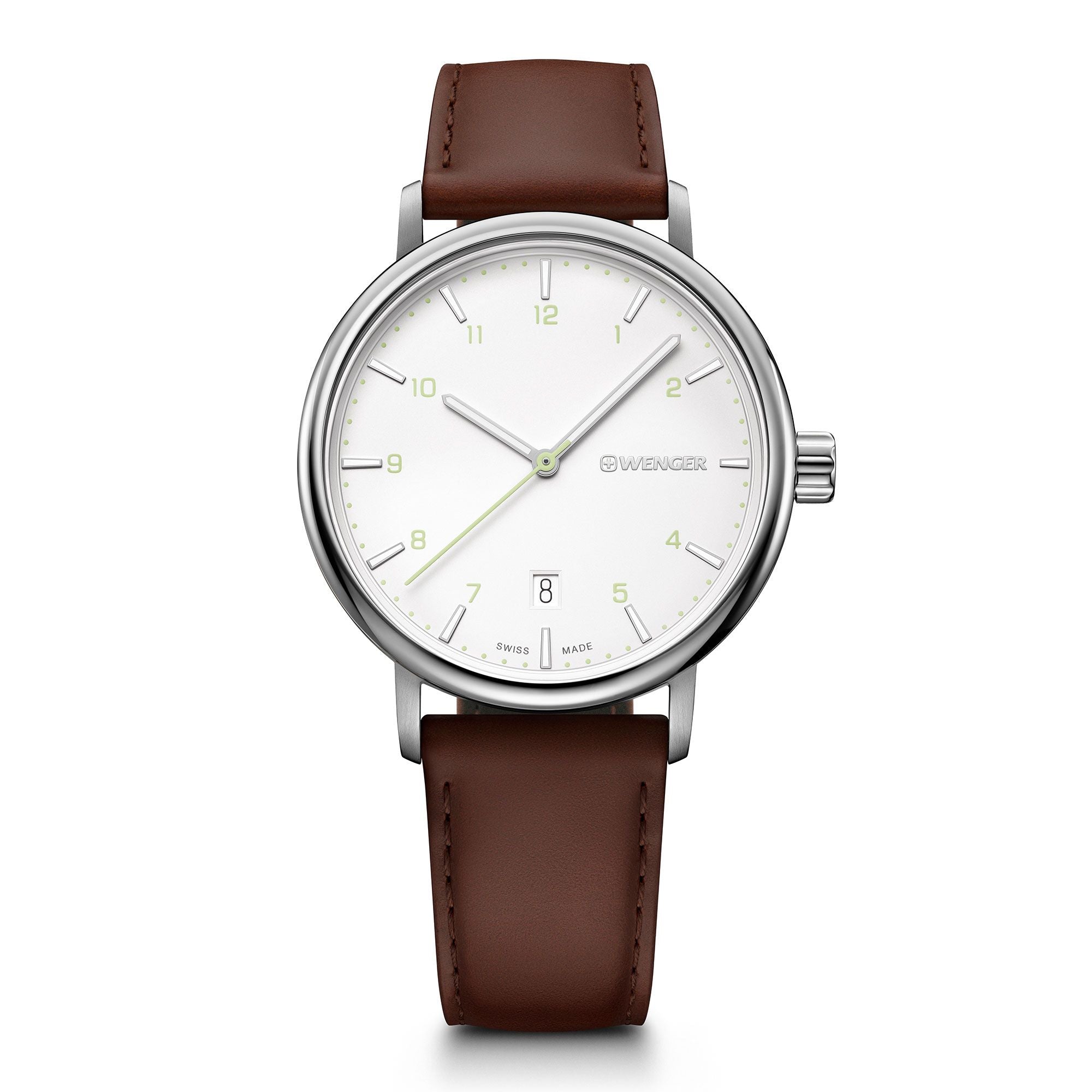 Elegant wristwatch with a white dial, silver case, and brown leather strap.