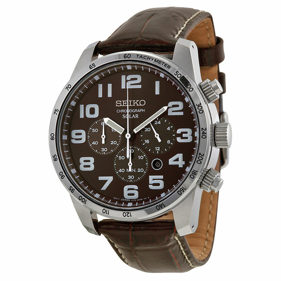 Seiko Brown Dial Solar Chronograph Brown Leather Mens Watch