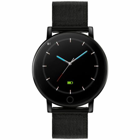 Sleek black smartwatch with a round face and mesh metal band.