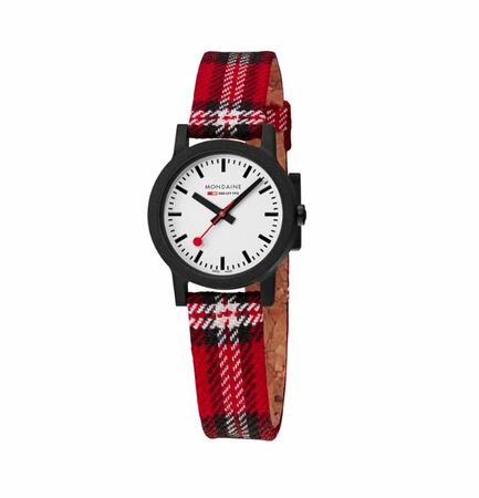 Wristwatch with a black case, white dial, and red plaid fabric strap.