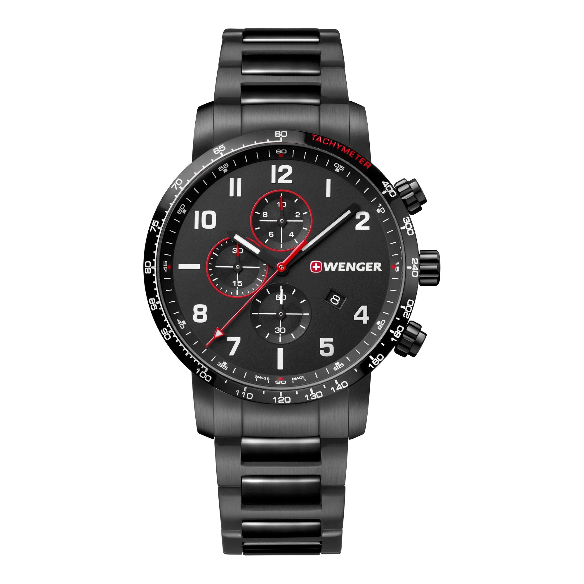 Black stainless steel chronograph wristwatch with red accents.