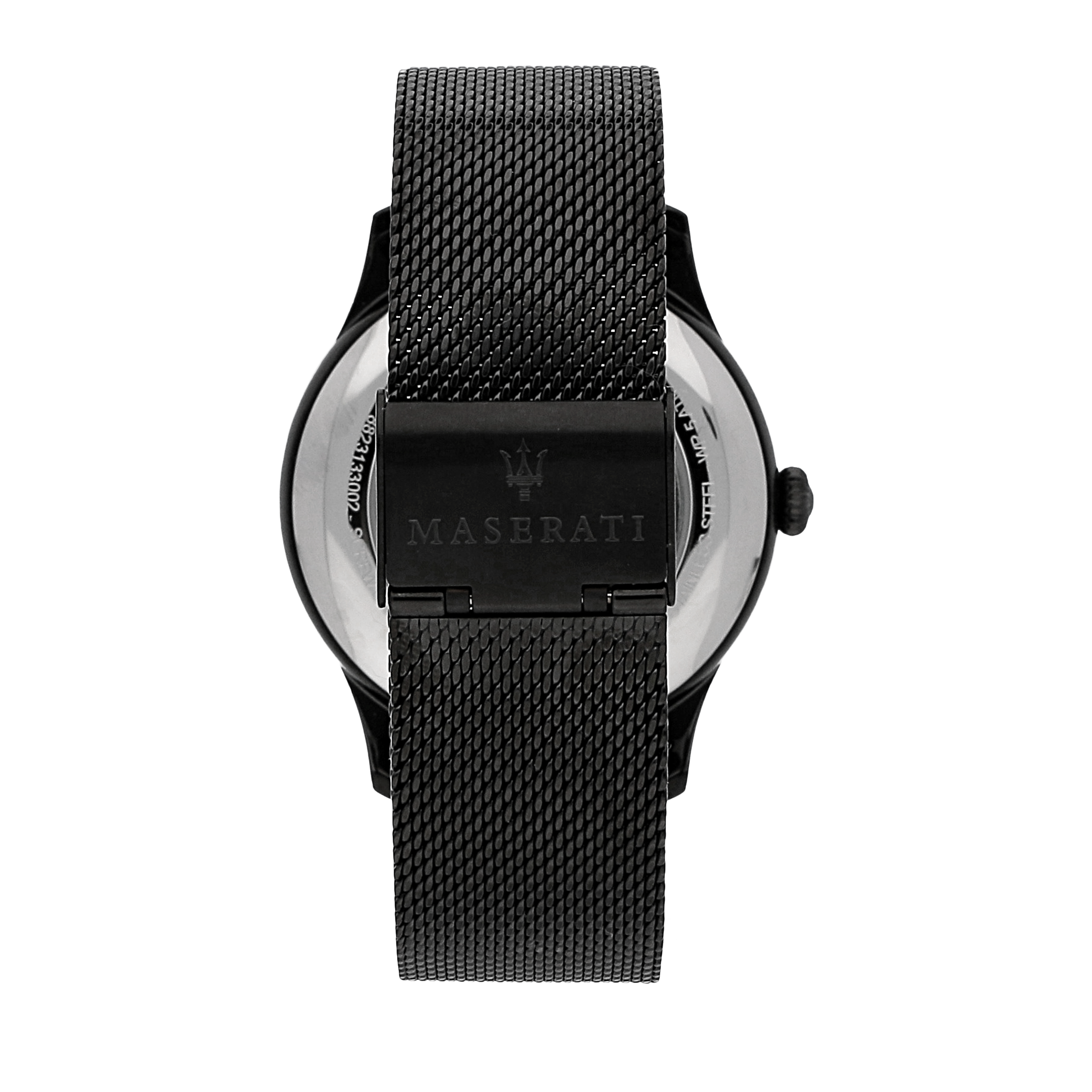 Black wristwatch with a mesh metal band and round face.