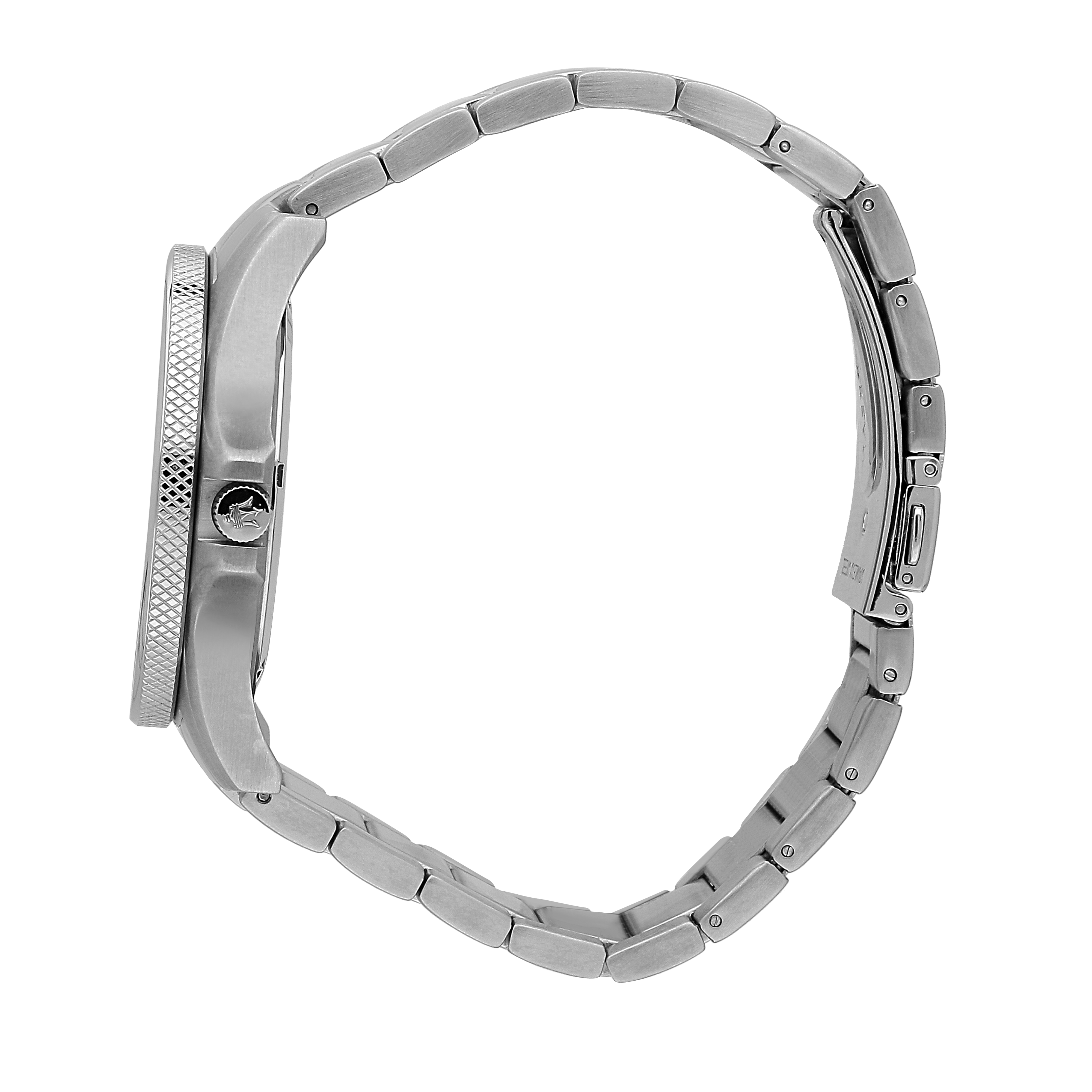 Silver wristwatch with a metal link band and round face.