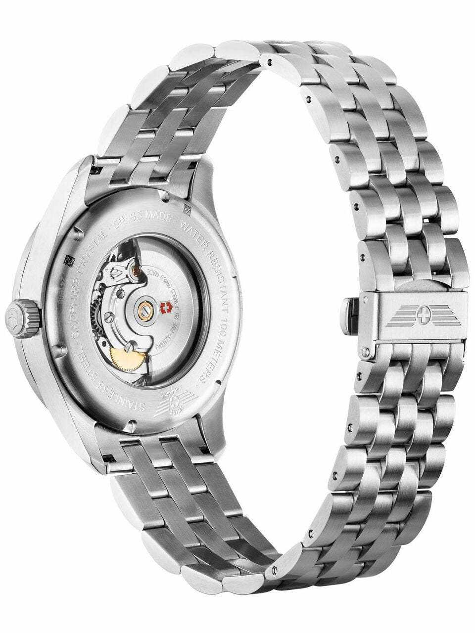 Stainless steel wristwatch with a visible mechanical movement through the transparent case back.
