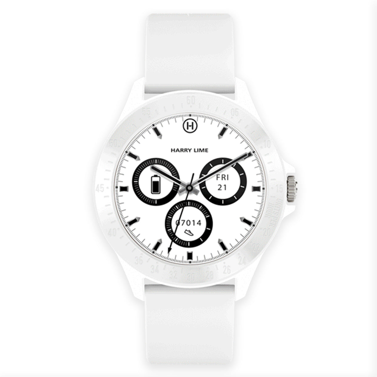 White wristwatch with a round face and three subdials.
