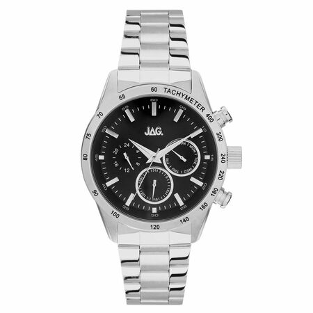 Silver-toned wristwatch with a black dial and three chronograph subdials.