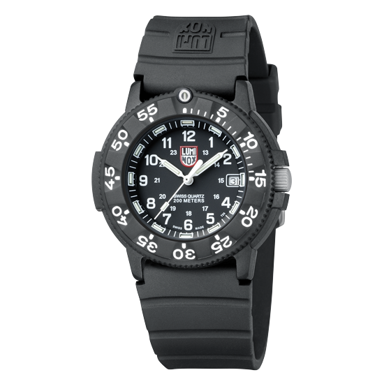 Black tactical wristwatch with white numerical markings on the bezel and dial.