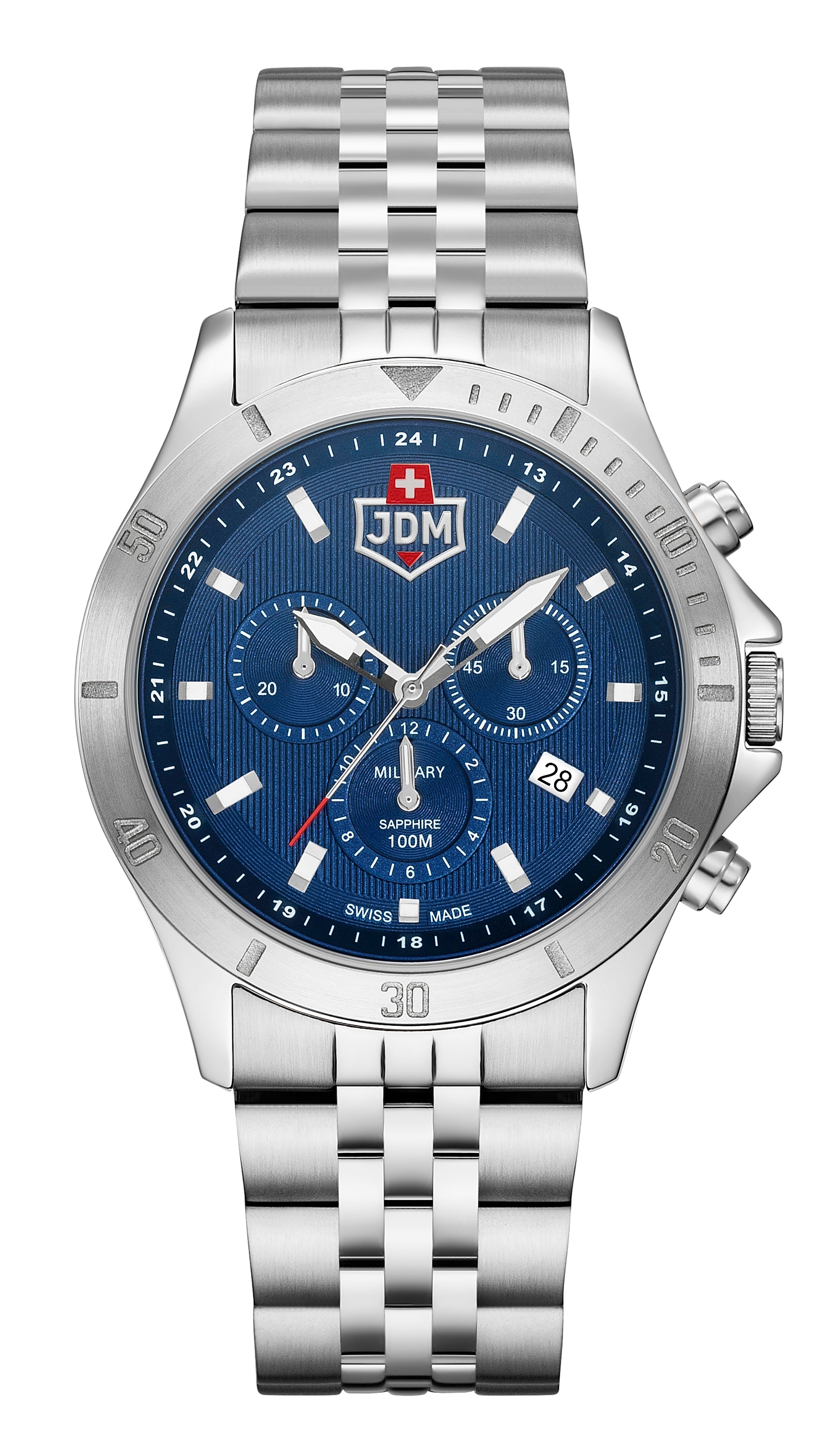 Stainless steel wristwatch with a blue dial and chronograph features.