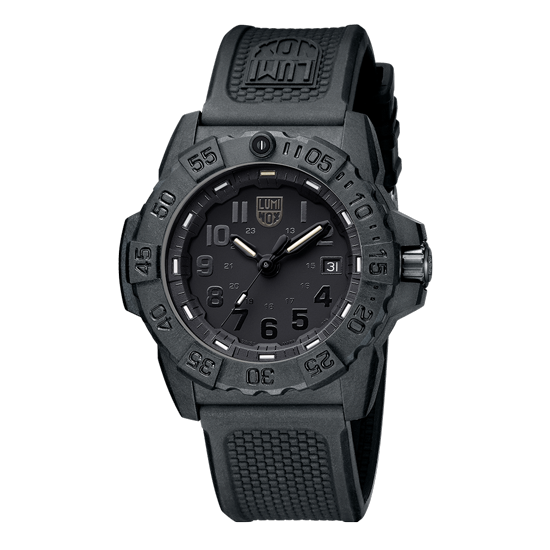 Black tactical wristwatch with a rugged design and luminous markings.