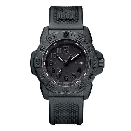 Rugged black tactical wristwatch with a textured rubber strap.