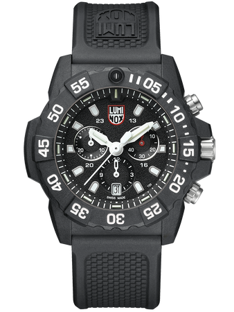 Rugged black chronograph wristwatch with white markings and a textured rubber strap.