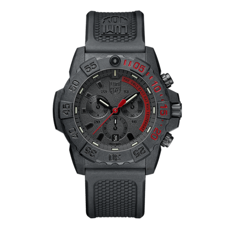 Rugged black sports watch with red accents and a chronograph display.