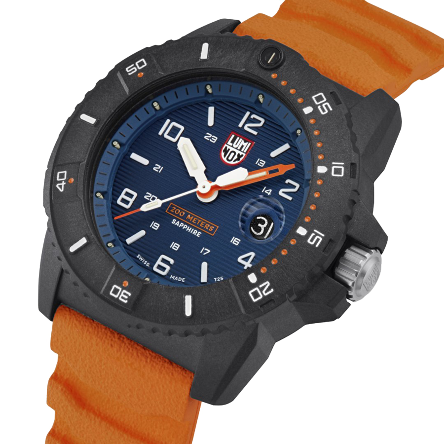 Rugged sports watch with a black case, blue dial, and orange rubber strap.
