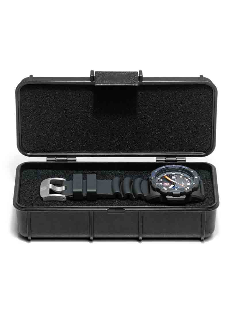 Protective case containing a wristwatch and extra watch band links.