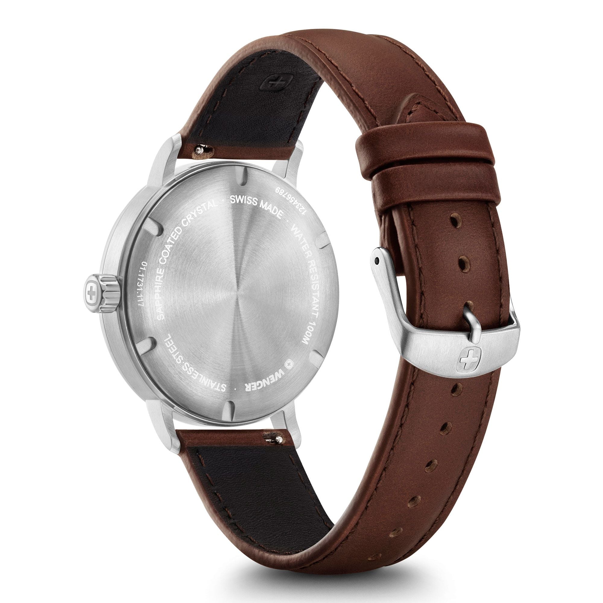 Wristwatch with a silver case and brown leather strap.