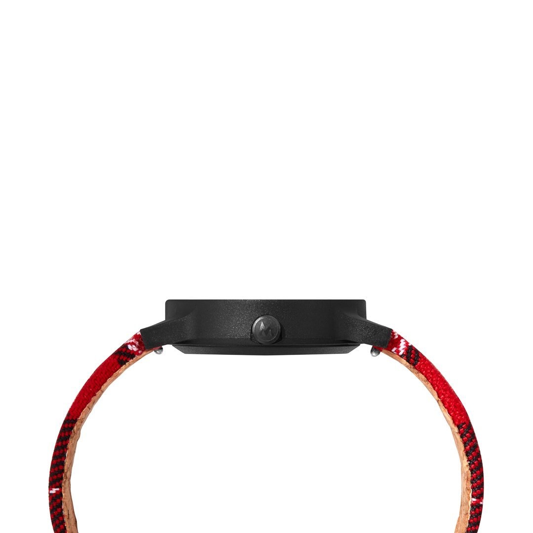 Sleek black watch face with a vibrant red leather strap.