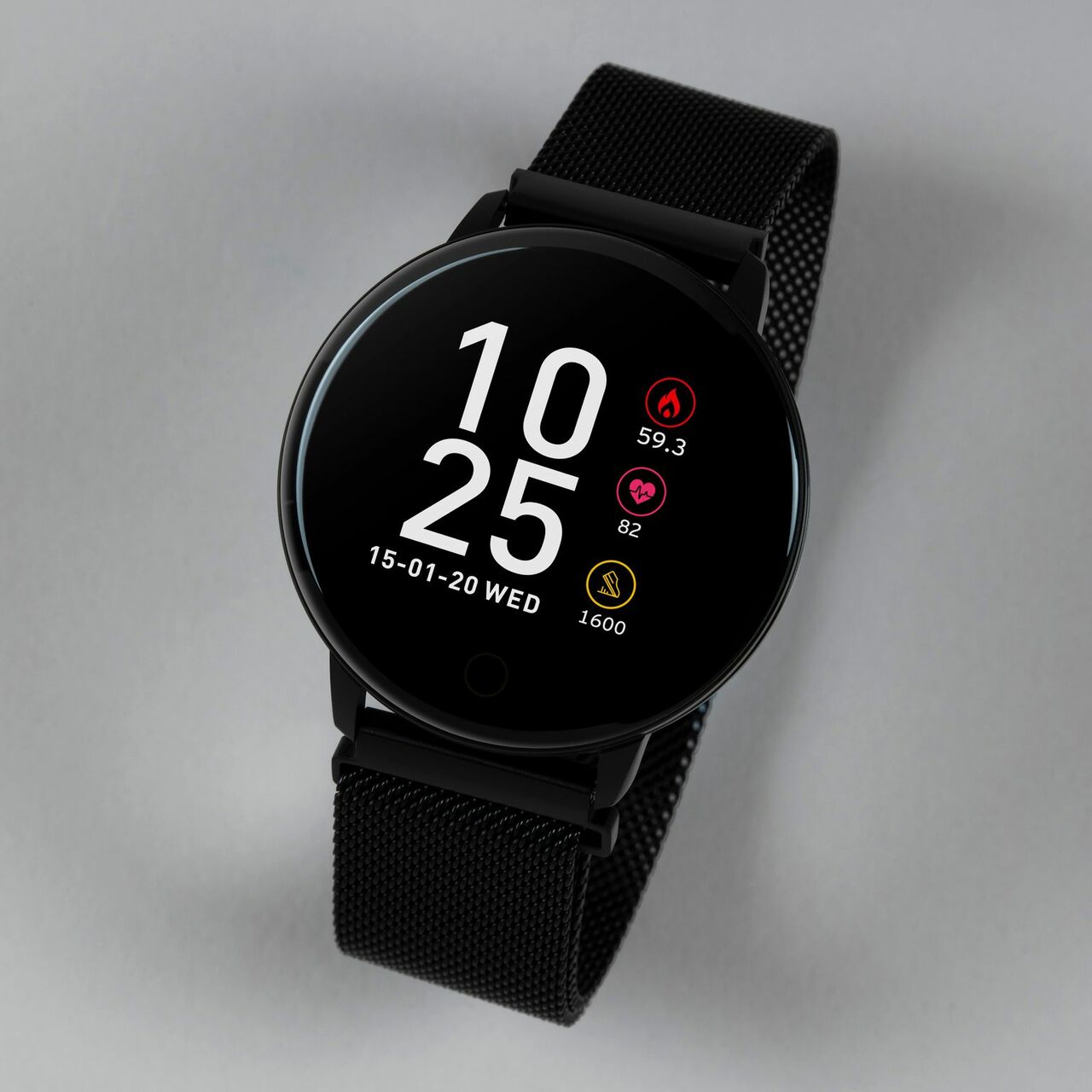 Black smartwatch with a round display showing the time 10:25 and fitness tracking icons.