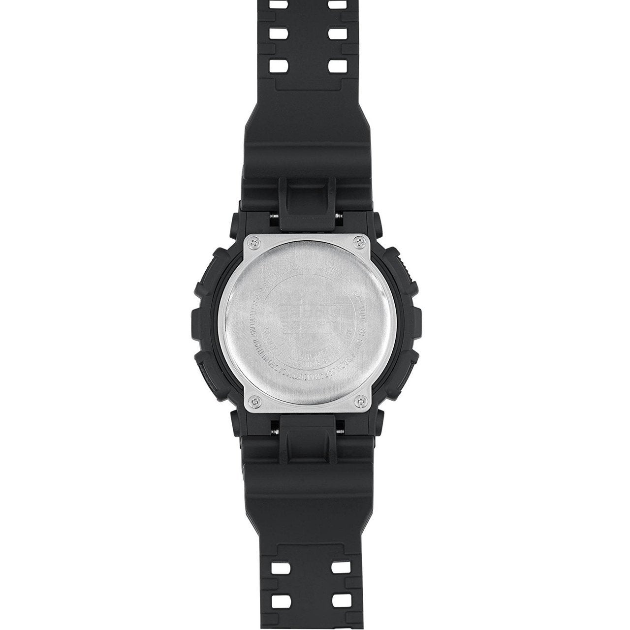 Black digital wristwatch with a rubber strap, shown from the back.