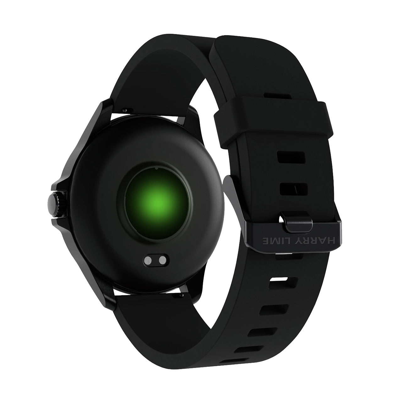 Black smartwatch with a glowing green sensor on its back.