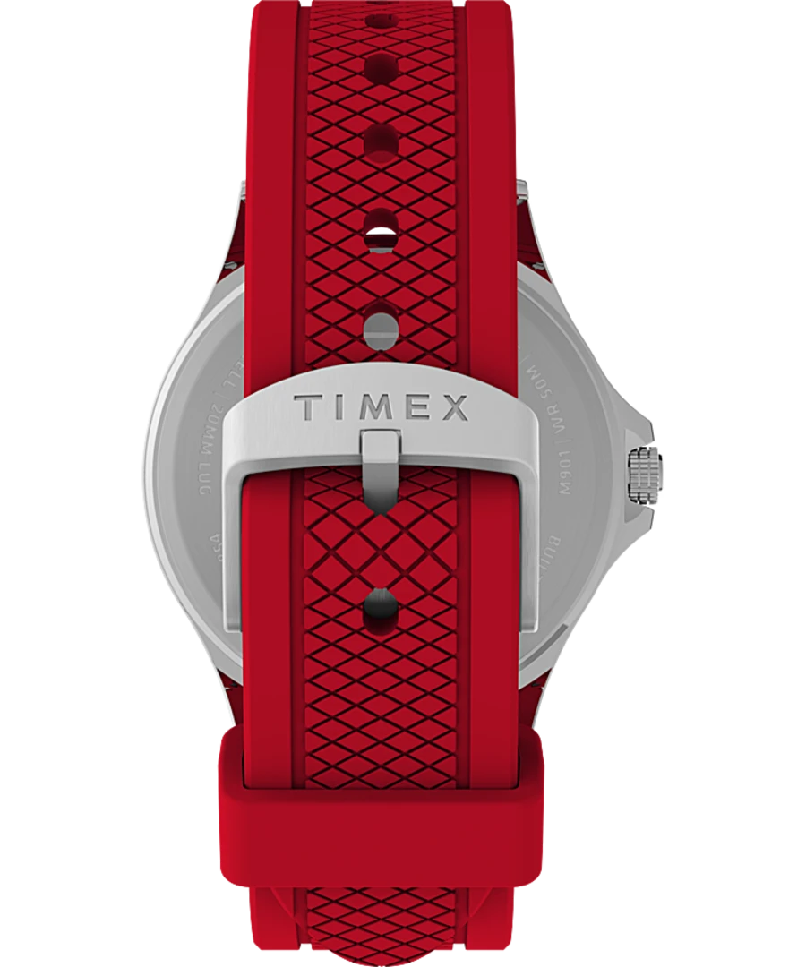 Red watch strap with a silver Timex watch clasp.