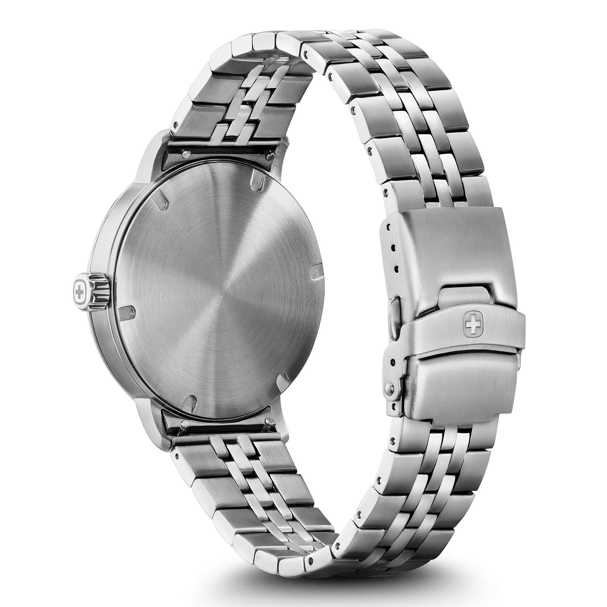 Stainless steel wristwatch with a metal link bracelet.