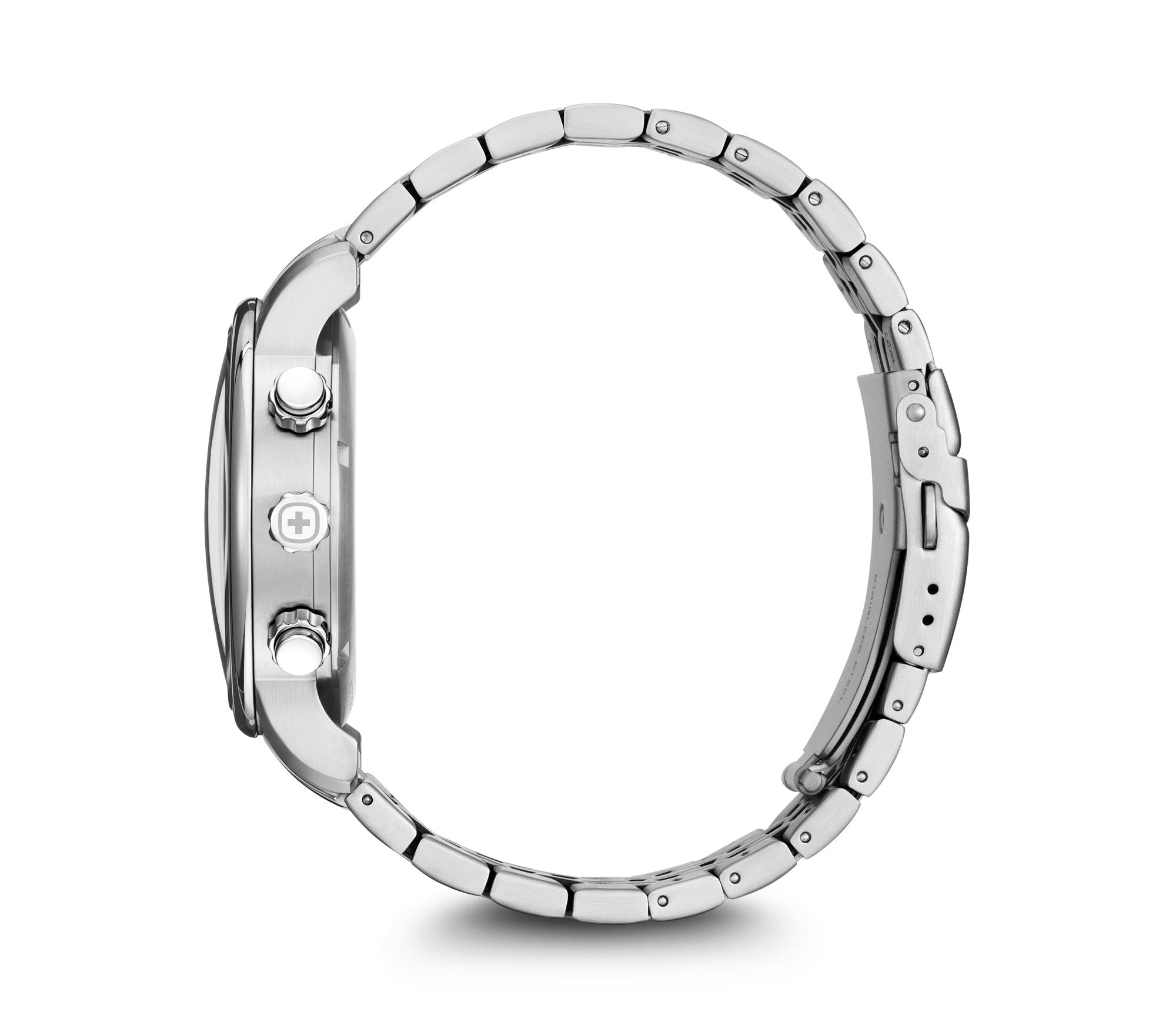 Silver wristwatch with a metal link bracelet and chronograph dial.