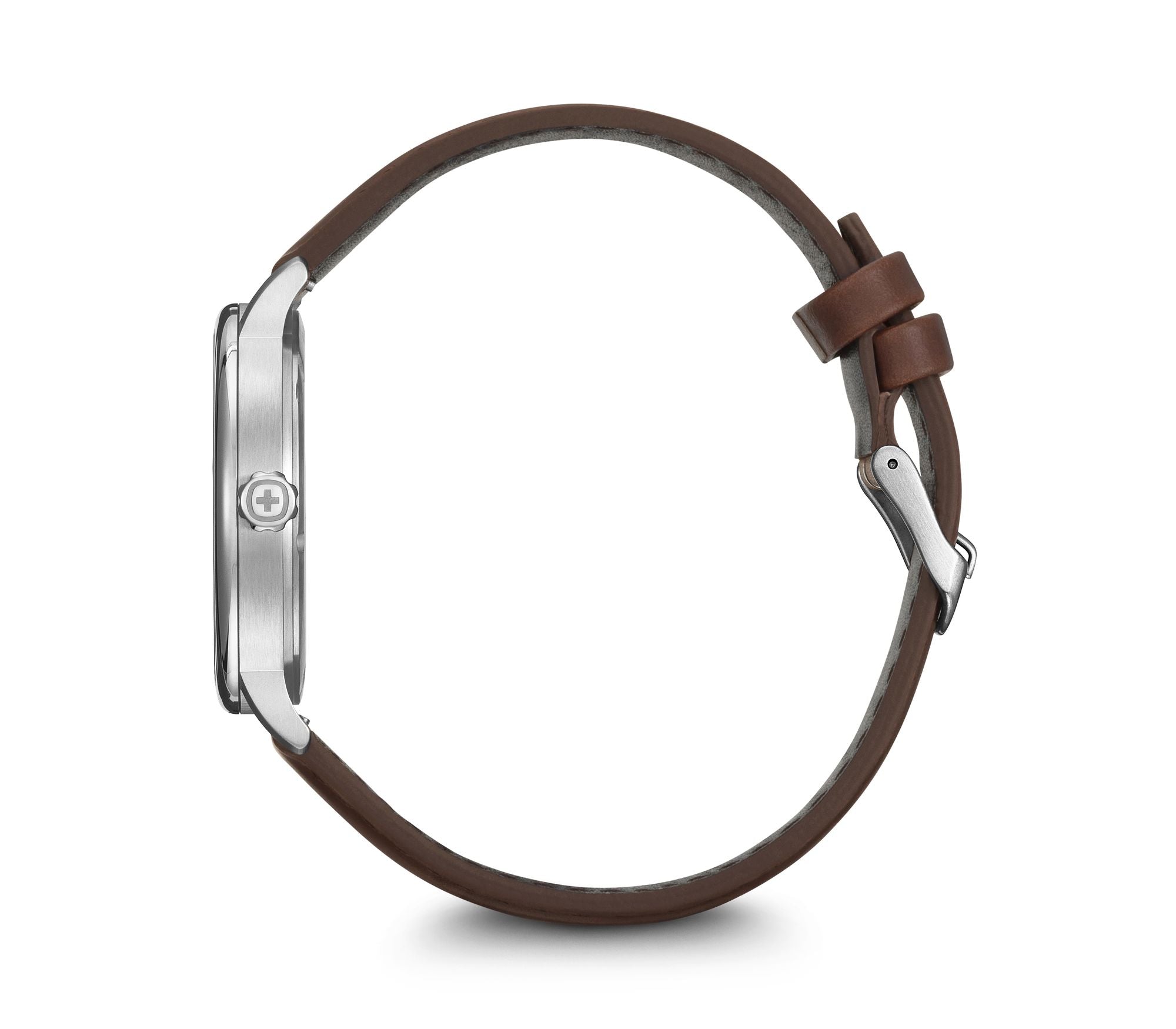 Wristwatch with a brown leather strap and silver-toned case.