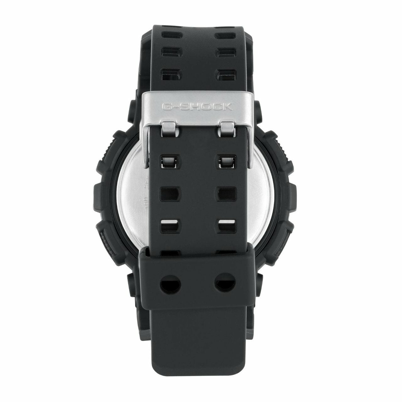 Black digital sports watch with a rugged design and silver-toned buckle.