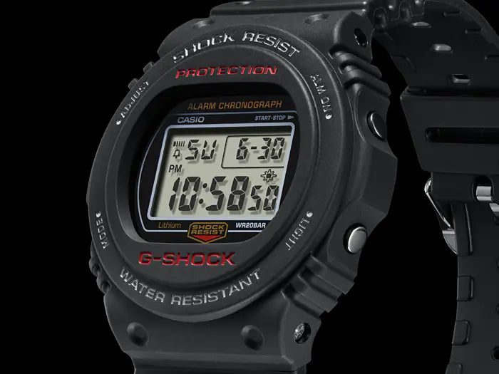 Black digital G-Shock wristwatch with a rectangular display showing time.