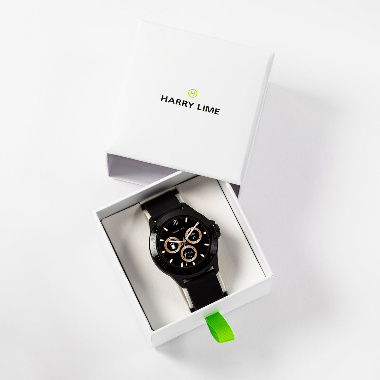 Black wristwatch with multiple dials in a white gift box labeled ’HARRY LIME’.