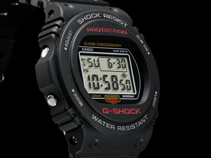 Black digital G-Shock wristwatch with a rectangular display showing time and date.